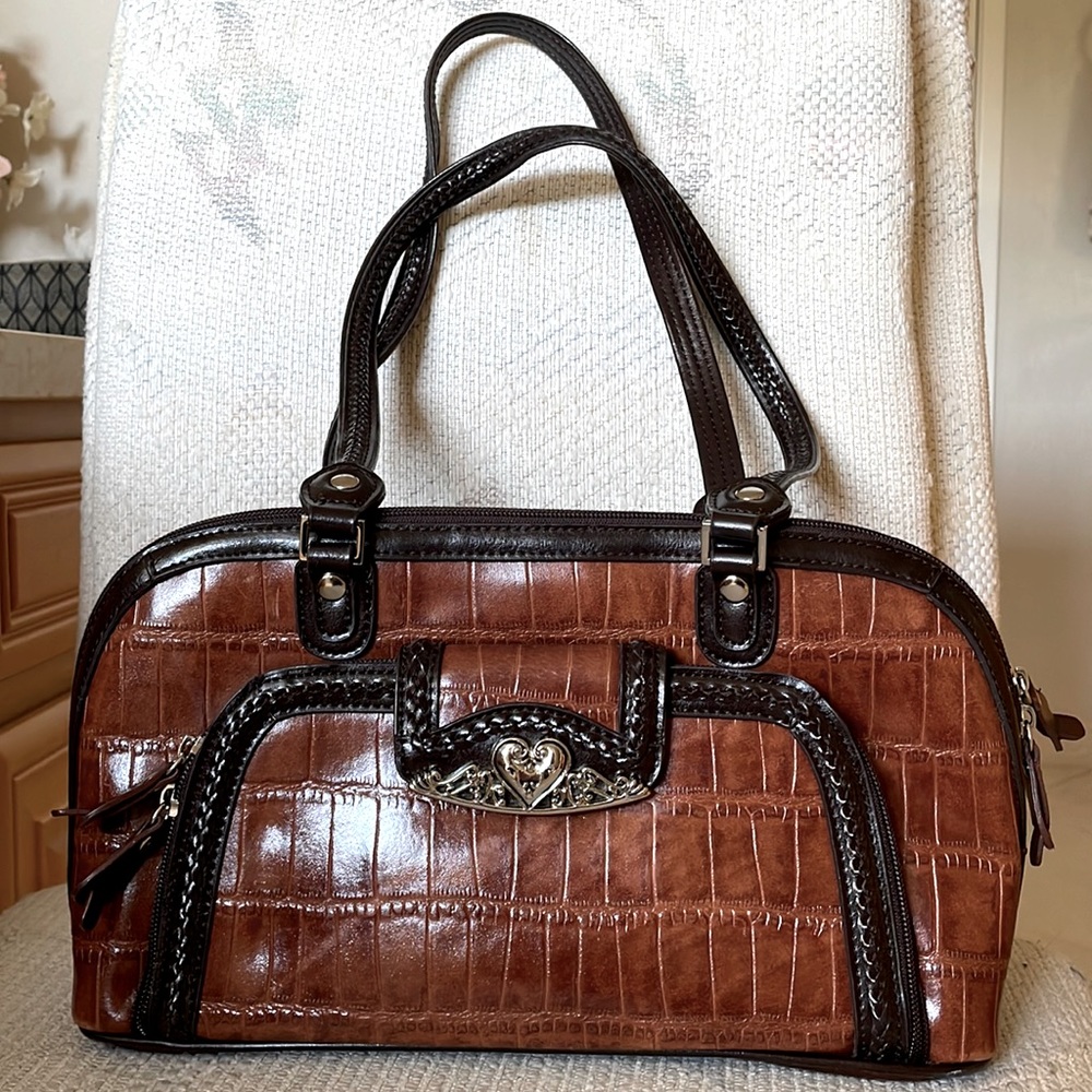 Vintage Leather Croc-Embossed Shoulder Handbag, Brown